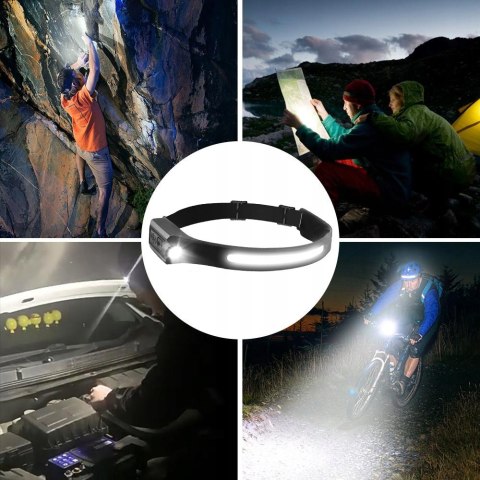 MOCNA LATARKA CZOŁOWA LED REFLEKTOR NA GŁOWĘ COB XPE CZOŁÓWKA CZUJNIK RUCHU